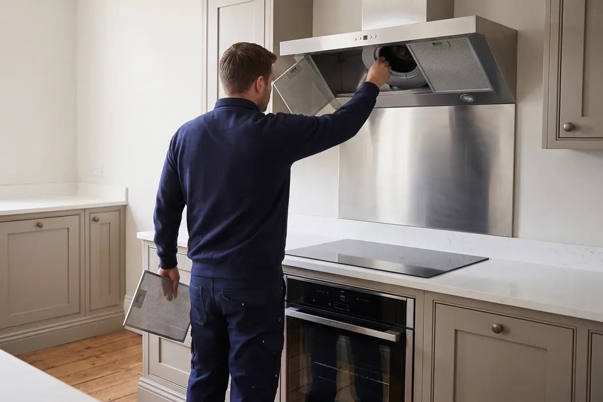 An engineer carrying out cooker hoods repairs in a customer's home