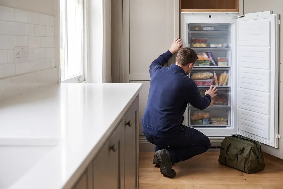 An engineer carrying out freezers repairs in a customer's home