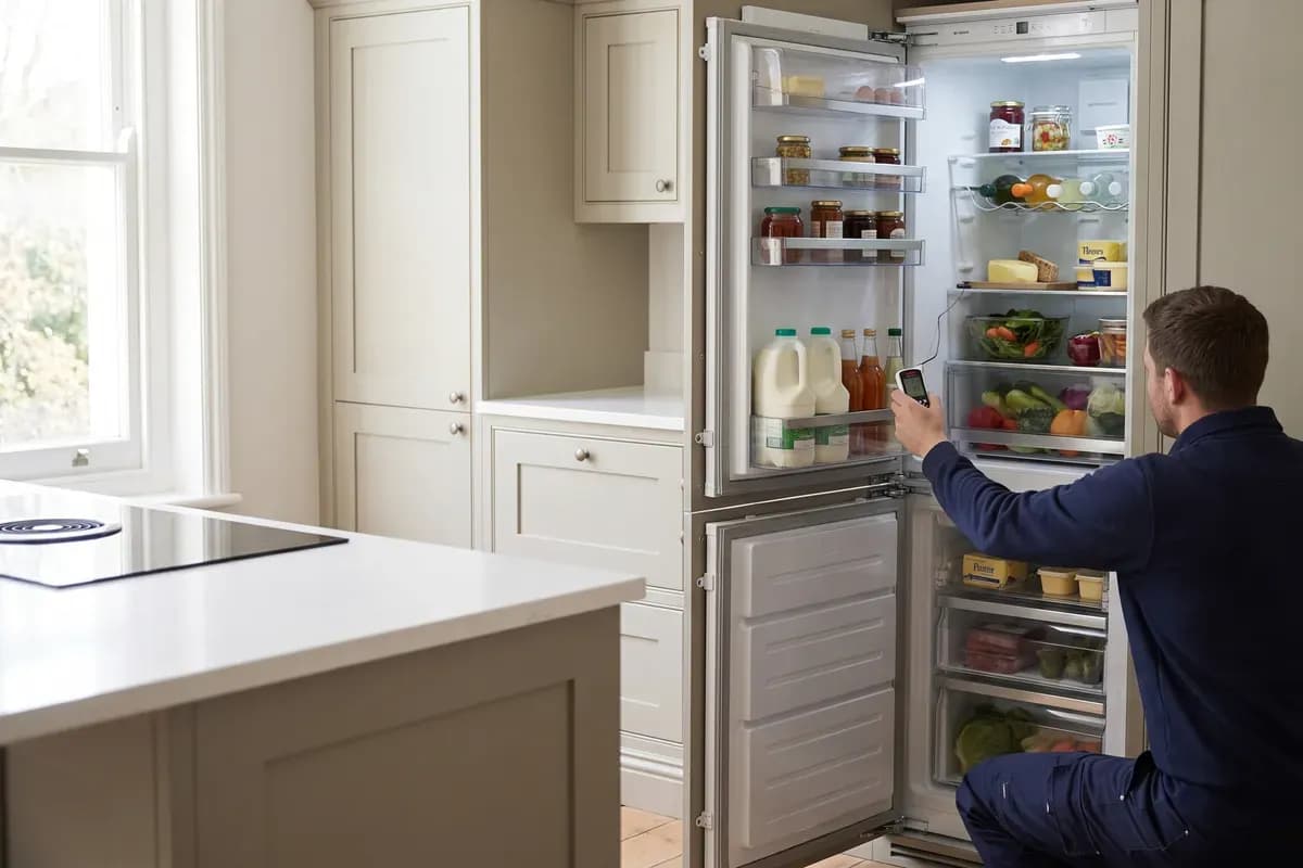 An engineer carrying out fridges repairs in a customer's home