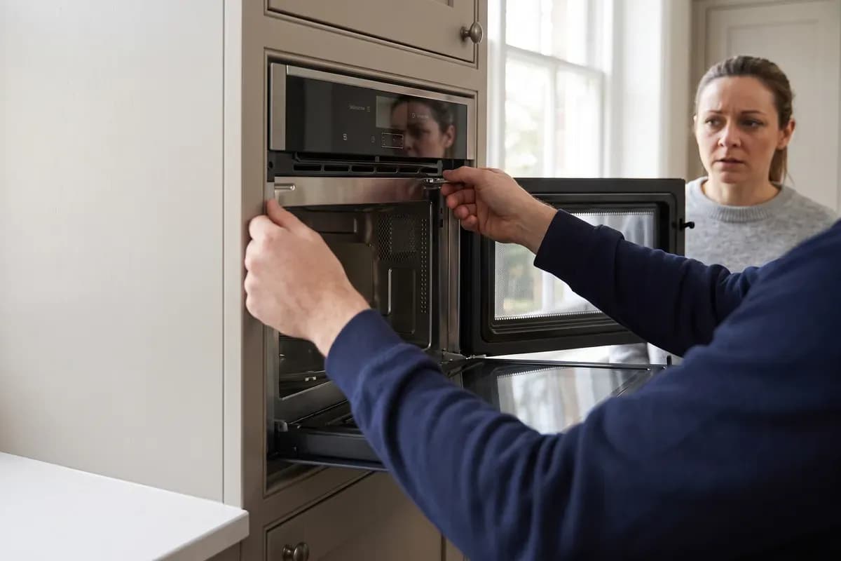 An engineer carrying out microwaves repairs in a customer's home