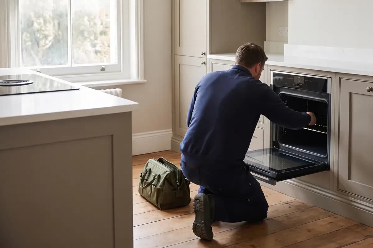An engineer carrying out electric ovens repairs in a customer's home