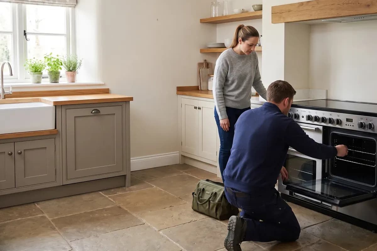 An engineer carrying out range cookers repairs in a customer's home