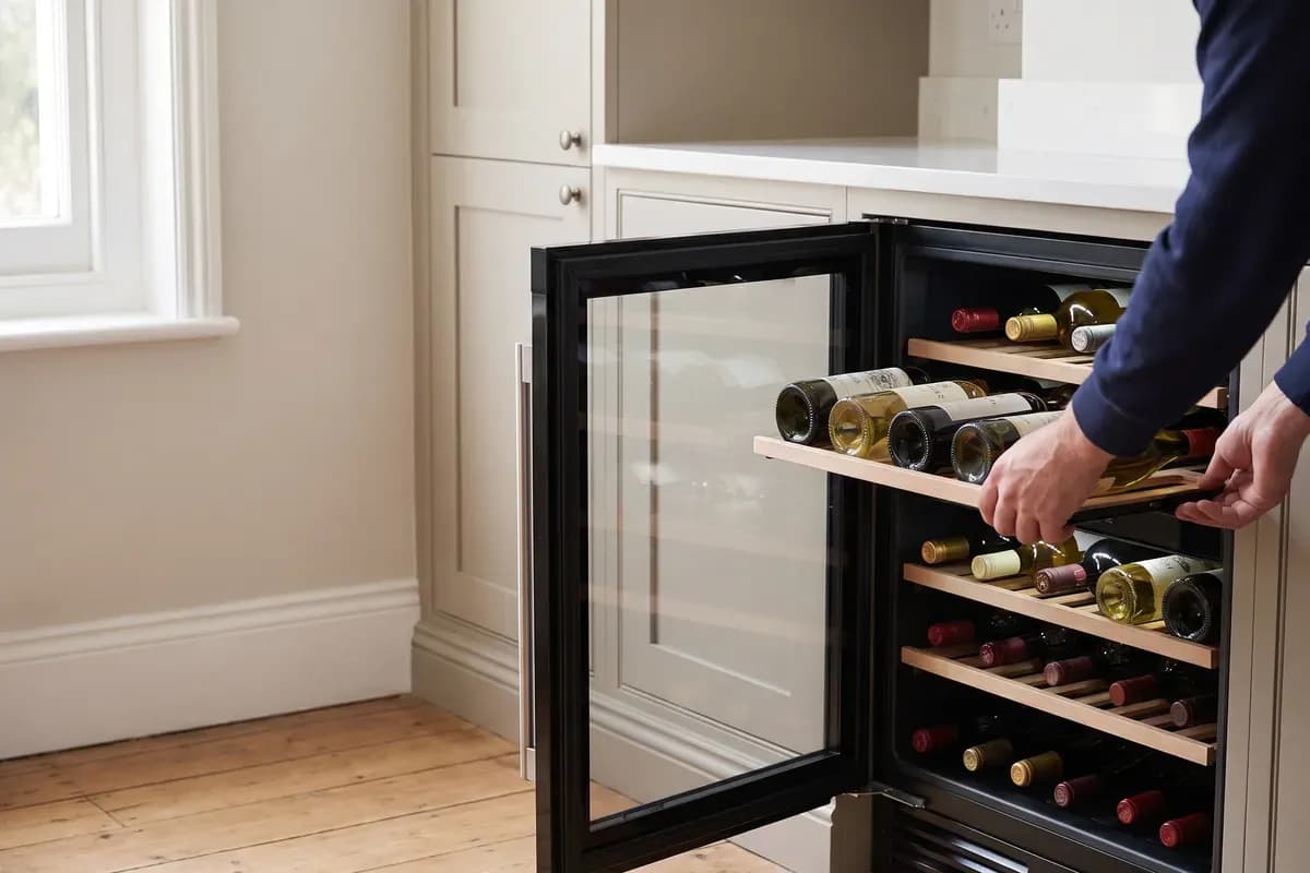 An engineer carrying out wine coolers repairs in a customer's home